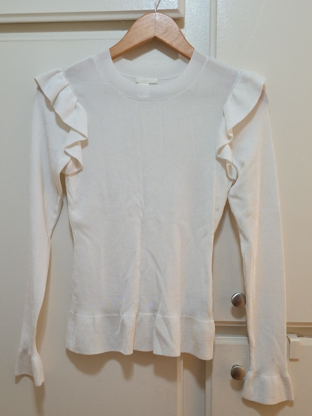 H&M Cream Ruffle-Trim Long Sleeve Knit Top